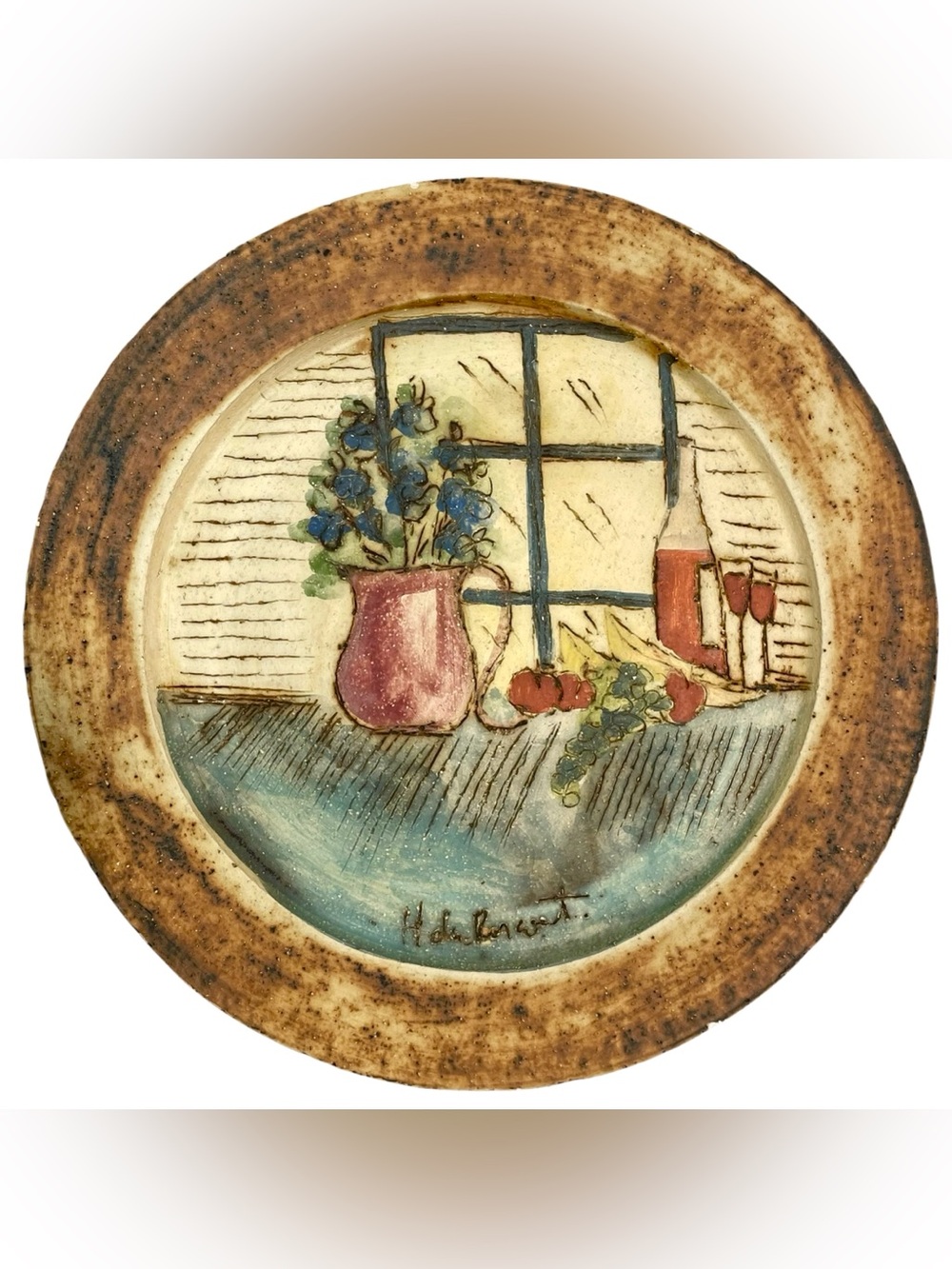 Vintage 1970s Signed Hubert Du Roscoat Quebec Pottery Art Wall Plate Still Life